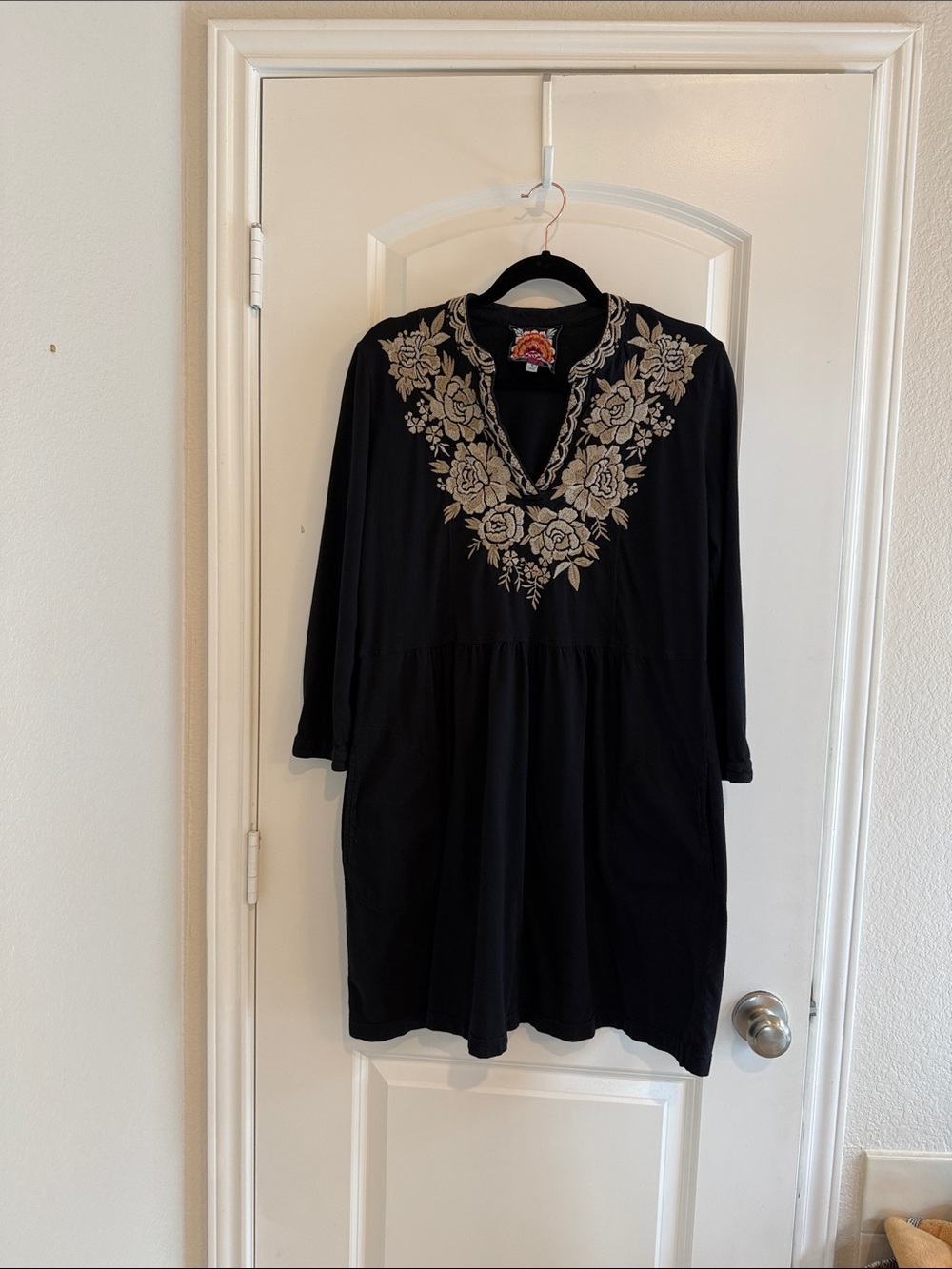 Johnny Was Black Dress with Cream Floral Embroidery